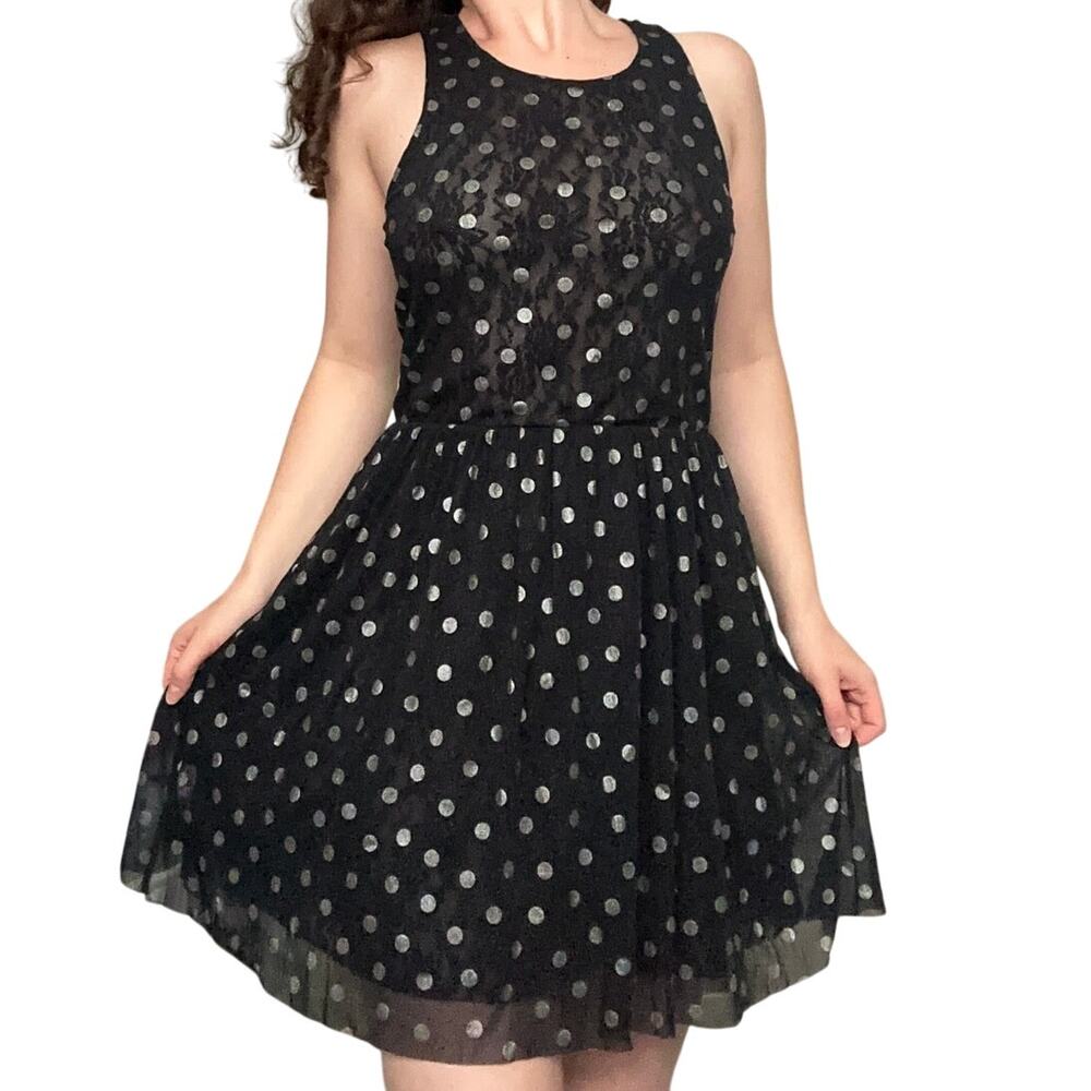 FREE PEOPLE Sheer Lace Metallic Drop Waist Black White Polka Dot Mini Dress